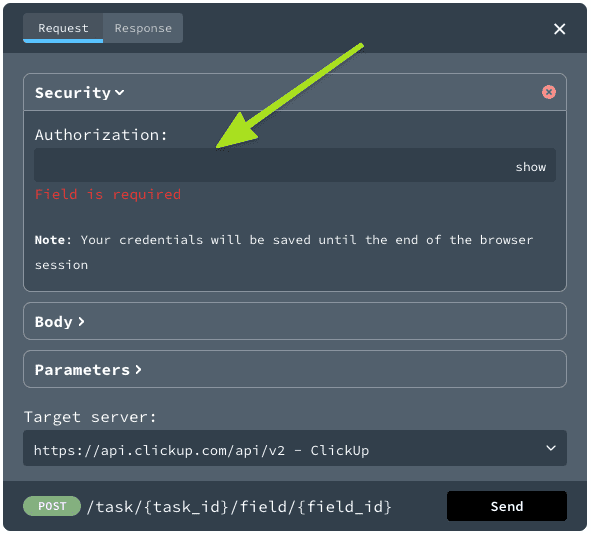 Screenshot of the security section of the Try It modal.