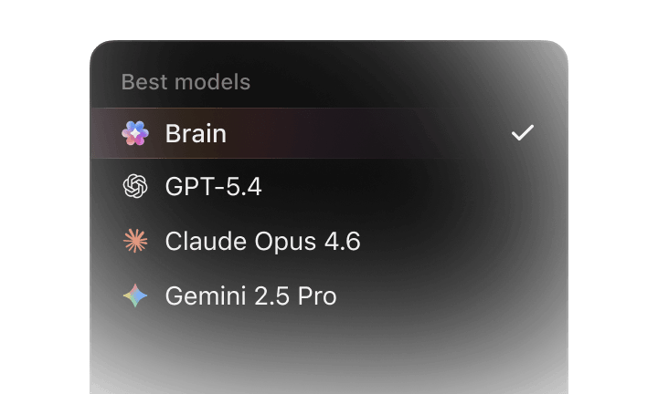 Model picker showing Brain plus GPT, Claude, and Gemini