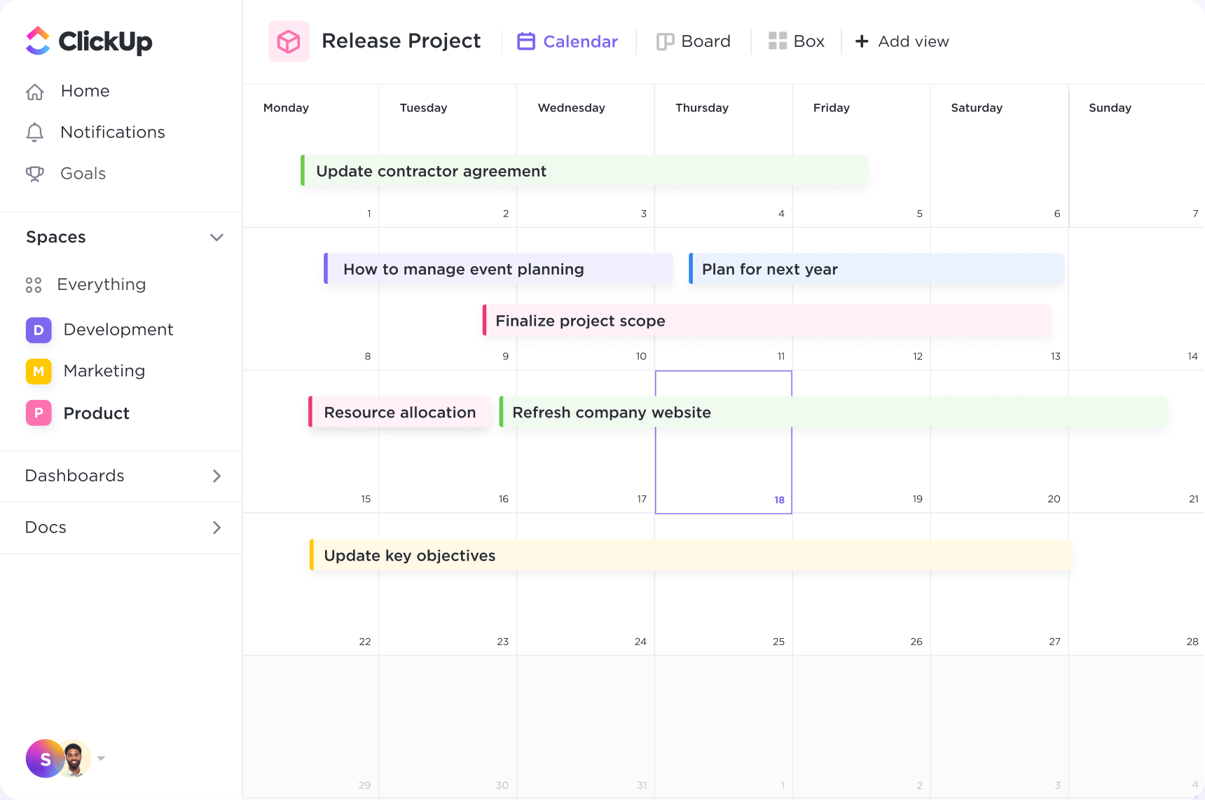 Image of ClickUp's calendar view. Image of an example month showing Monday through Sunday and 4 weeks. Tasks are color coded to represent their status and can span over one day or multiple days