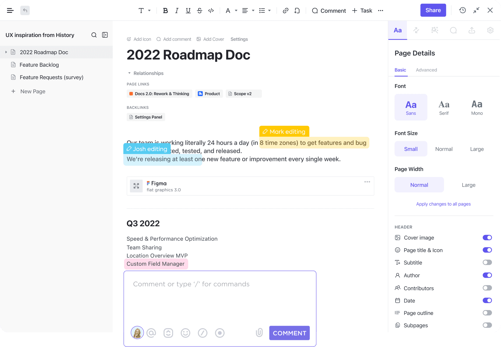 clickup docs. Whos content of the doc as well as 2 people actively editing the doc at the same time. on the right you see page details, font options, and toggles for header options such as a cover image, subtitle, author, date, etc.